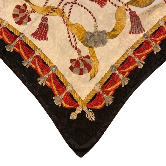 Large Satin Scarf Cream Red Black & Gold Liz Claiborne Rope & Tassel Scarf - Picture 2 of 6